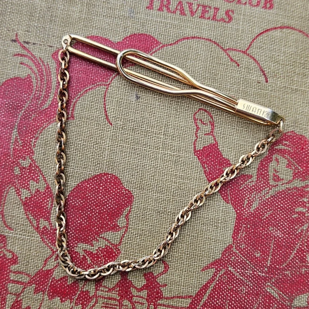 Swank Gold Tone Tie Clip with Rope Chain Vintage Mens Accessory